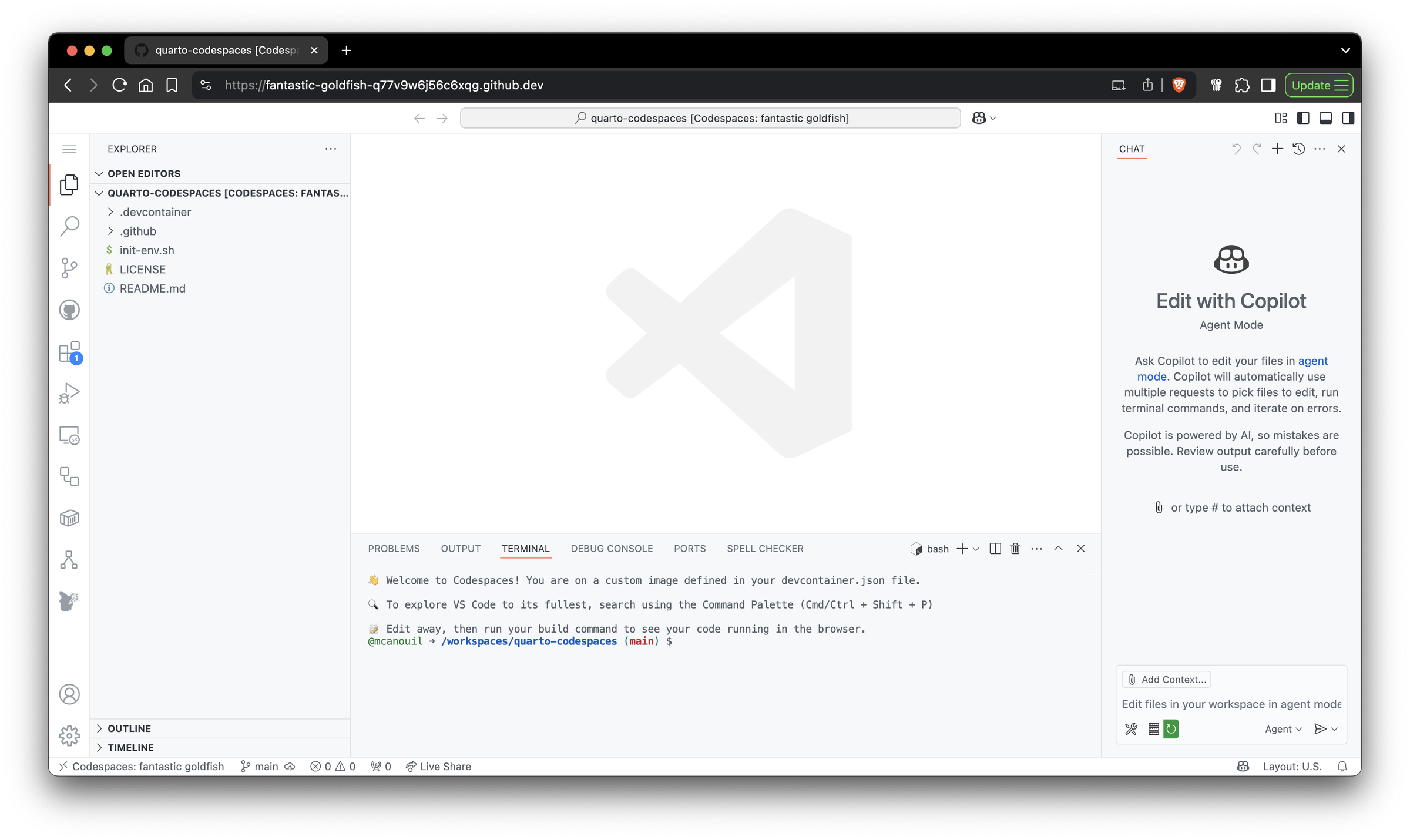 Screenshot of Visual Studio Code interface showing a GitHub Codespace for a project named 'quarto-codespaces'. The left sidebar contains a file explorer with folders and files such as .devcontainer, .github, init-env.sh, LICENSE, and README.md. The terminal at the bottom displays logs related to configuring the codespace, including commands and their outcomes. The right sidebar has a section titled 'Edit with Copilot' explaining how to use Copilot in agent mode.